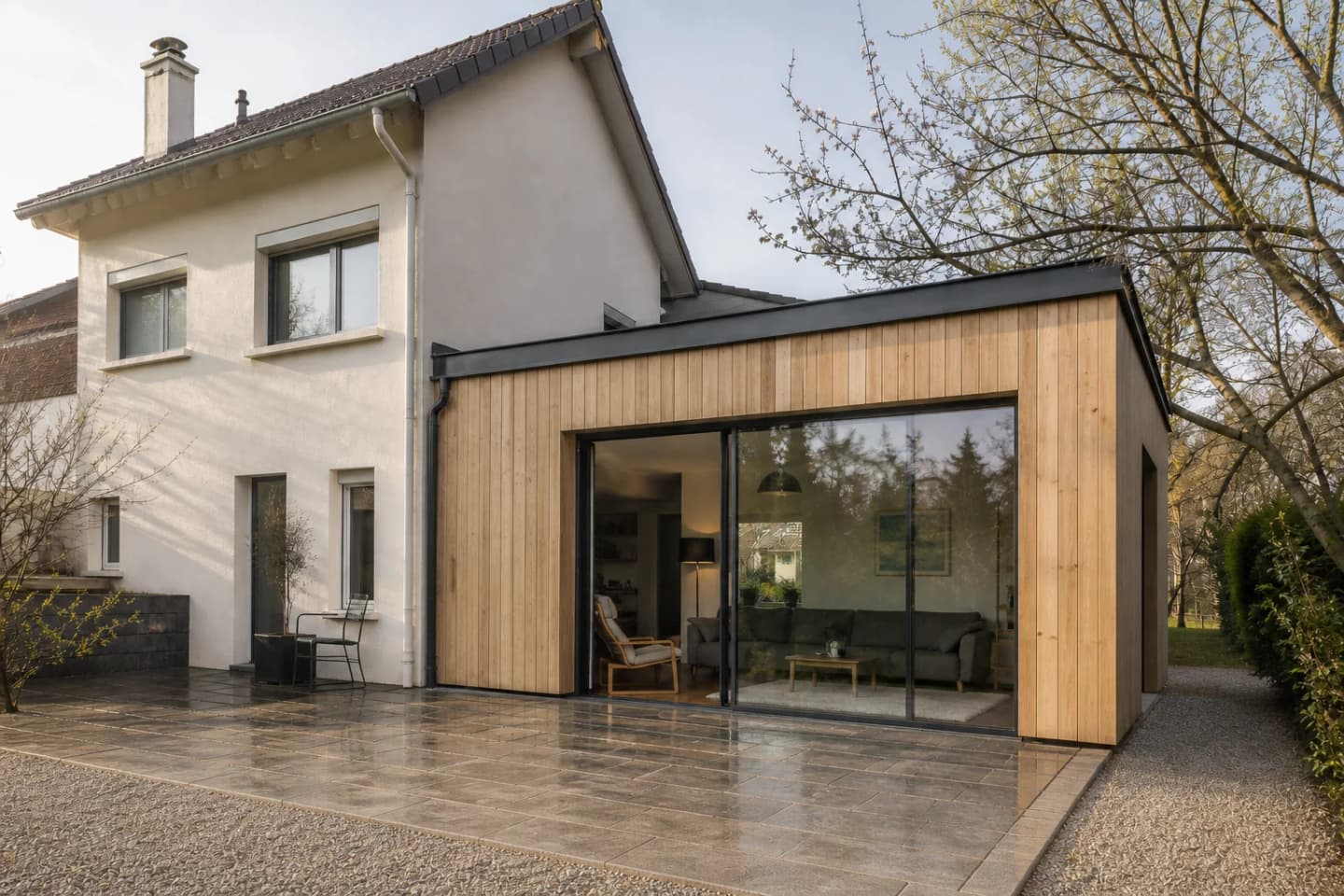 Maison agrandie par une extension contemporaine en bois, secteur Gex