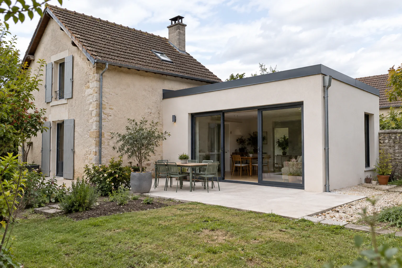 Maison ancienne et extension claire sur jardin Une extension à toit plat et grande baie vitrée prolonge une maison ancienne au jardin.