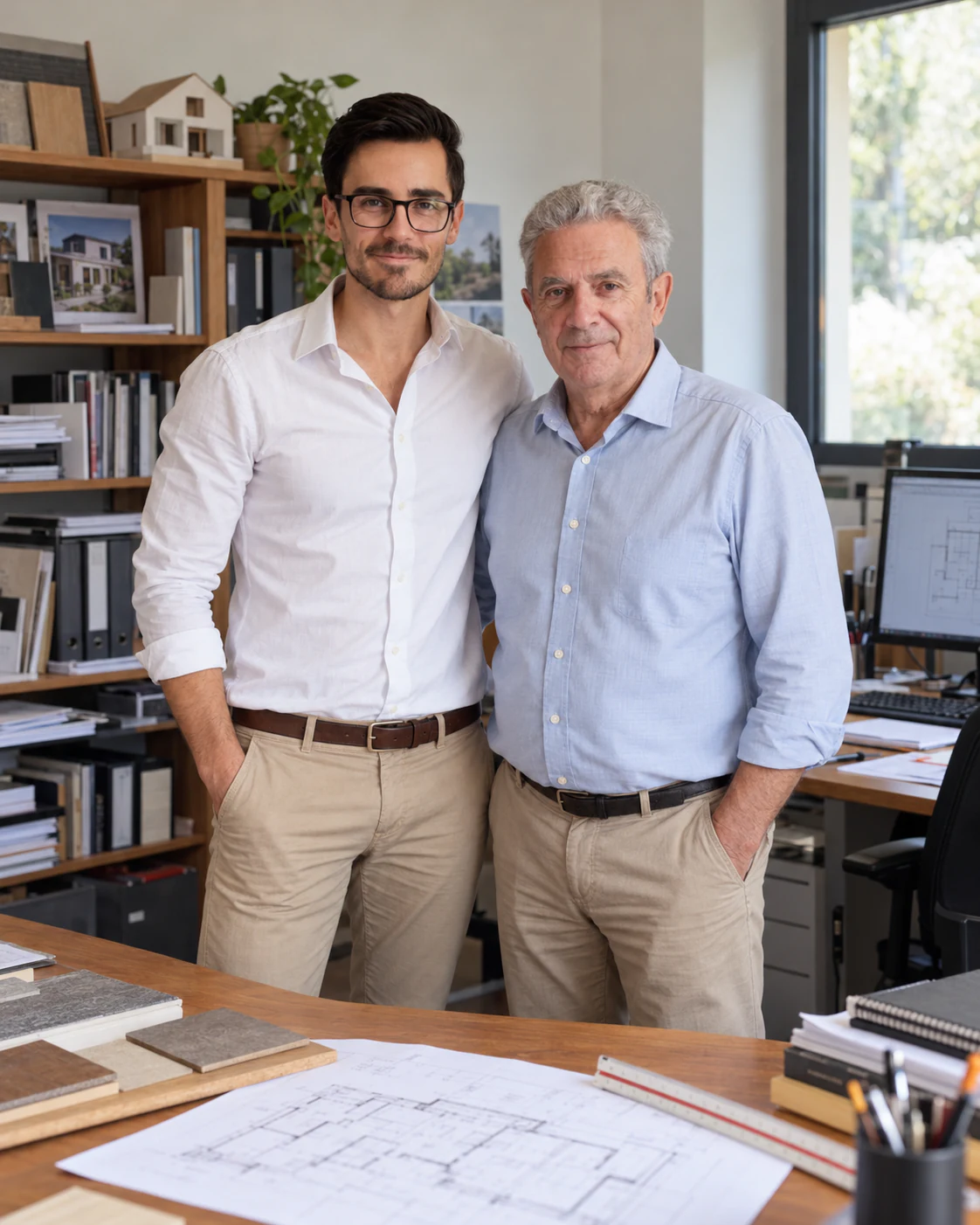 Vincent Hepp et son grand-père Michel Tourneux dans leur atelier Vincent Hepp et son grand-père Michel Tourneux se tiennent côte à côte derrière une table couverte de plans.