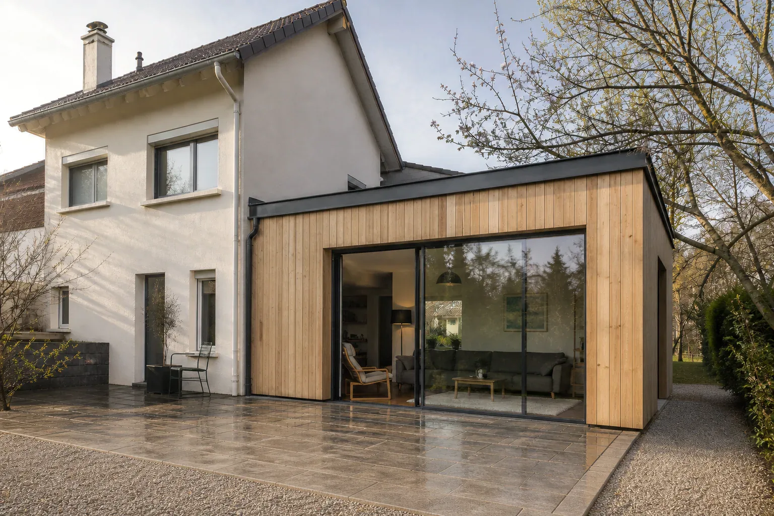 Extension en bois sur terrasse humide Une extension en bardage bois à large baie vitrée ouvre sur la terrasse d’une maison à étage.