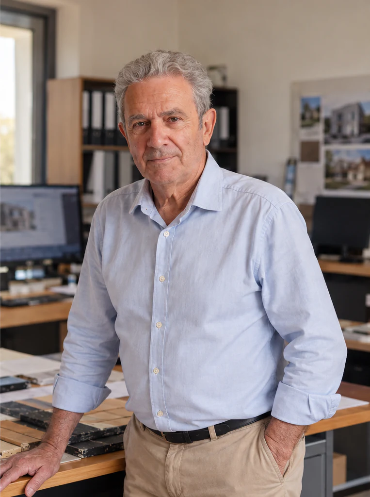 Portrait de Michel Tourneux dans un bureau Michel Tourneux, fondateur du Cabinet CEB et grand-père de Vincent, en chemise bleu clair, debout près d'une table dans un bureau.